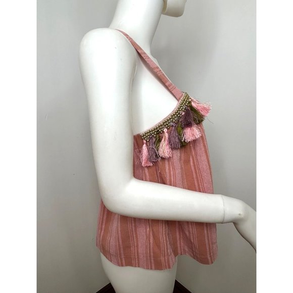 Honey Punch Tank Top S Women’s Pink Orange Striped Tassels Gold Beads Straps - Picture 3 of 12